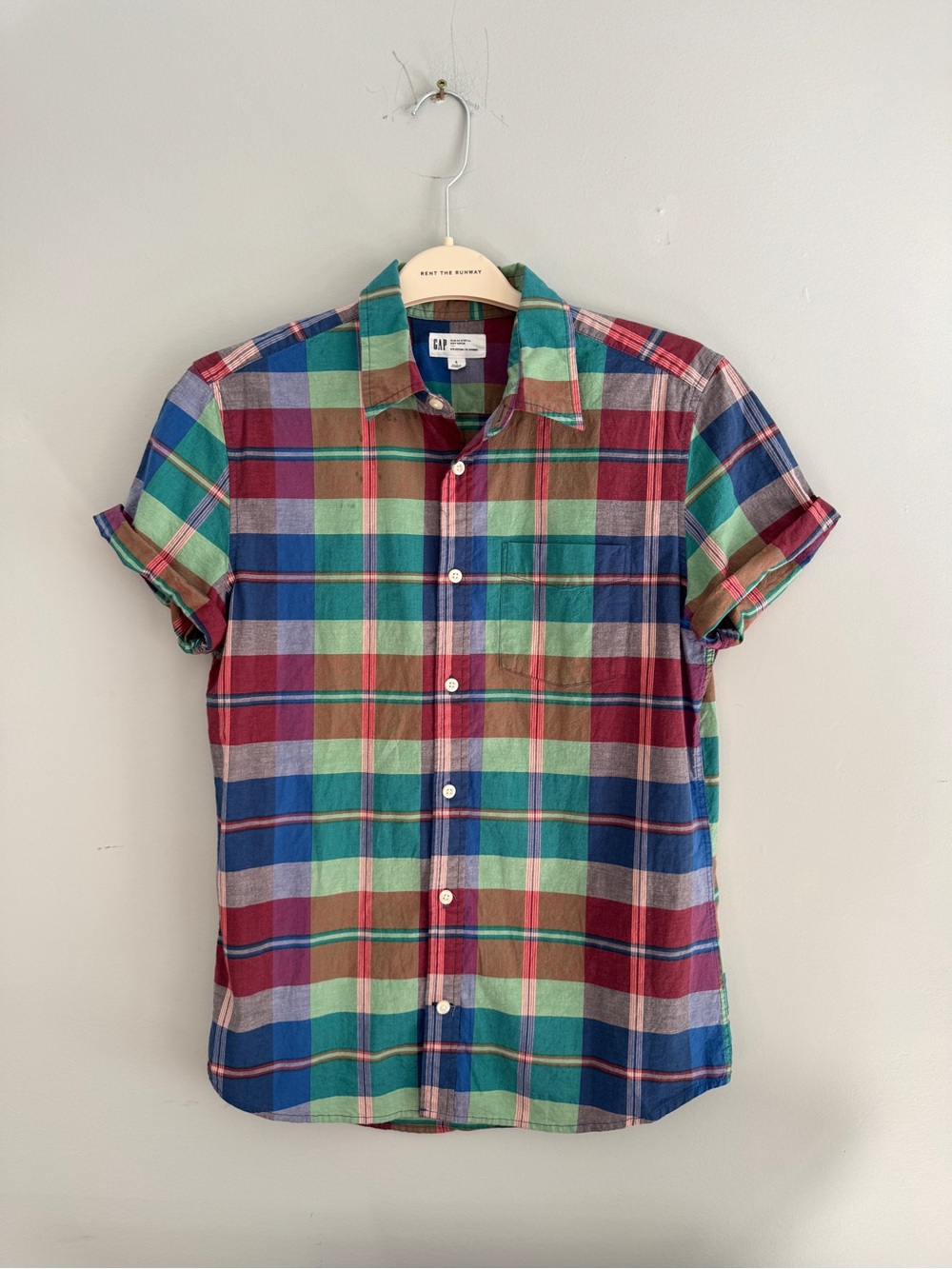 Unisex Multicolor Plaid Short-Sleeve Button-Up Shirt